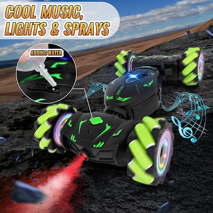 Pristar Gesture RC Toys for Boys 6-12, RC Sensing Stunt Car with Cool Spray Lights Music, Double Sided Flip 360 Rotate 4WD Off-Road