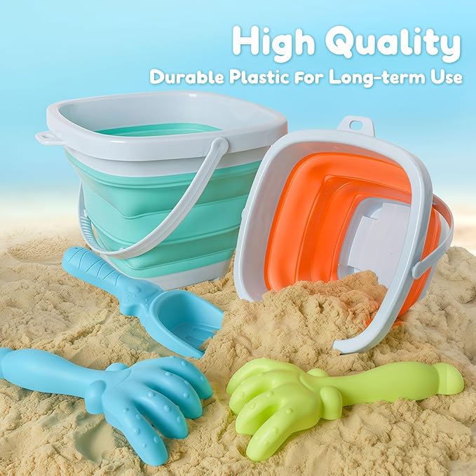 USATDD Beach Toys for Kids with Collapsible Bucket, Sand Rake and Shovel, Collapsible Beach Bucket Travel Sand Toys for Toddlers Kids