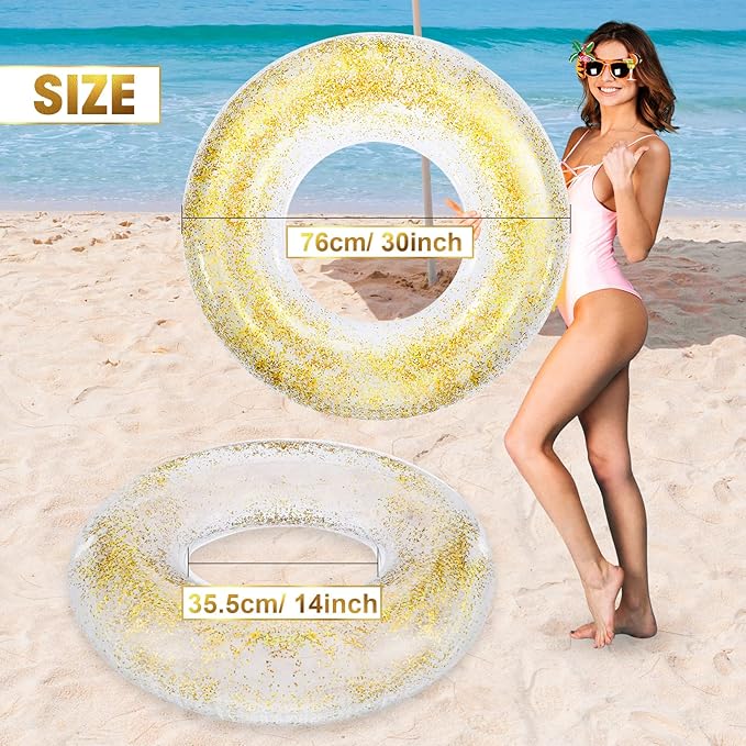 6 Pcs Inflatable Pool Float Tube 30 Inch Swimming Ring with Confetti Glitter Inner Tubes Transparent Swim Floaties Funny Water Floats Toys for Kids Adults Beach Party Supplies (Gold)
