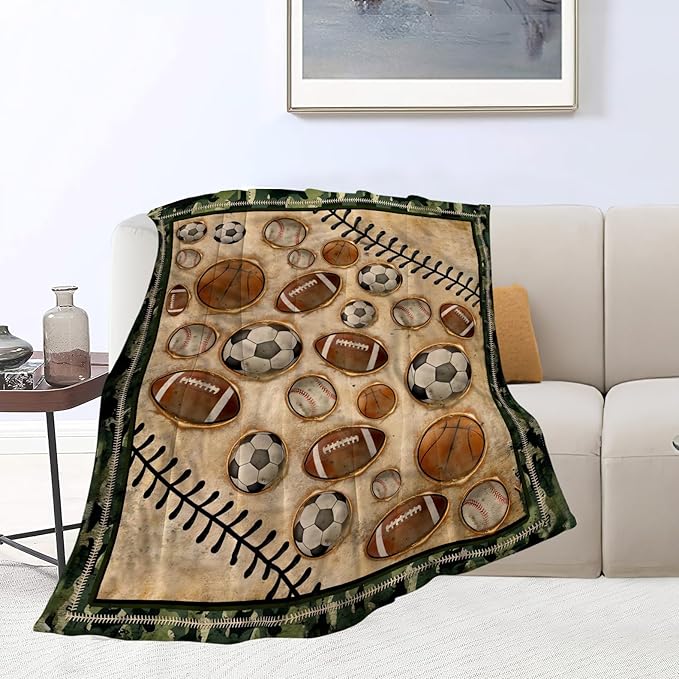 Vintage Sports Soccer Blanket Ultra Soft Cozy Plush Baseball Basketball Football Throw Blanket Sport Ball Fans Lovers Gifts Kids Adults Lightweight Flannel Comfy Blankets for Couch Sofa Bed 50"x40"