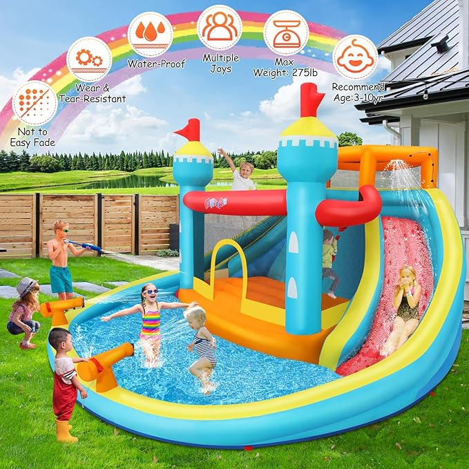 AKEYDIY Bounce House Water Slide, Inflatable Water Slide Park with with Long Slide, Pool, Climbing Wall, Water Gun for Outdoor, Blow up Water Slides Bounce House Castle for Kids Backyard Party Gifts