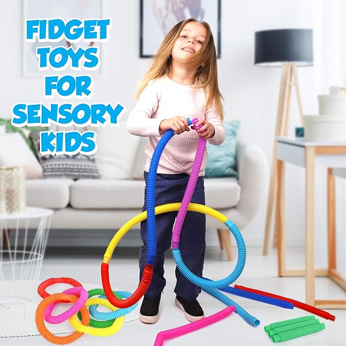 Pop Tubes Sensory Toys 24 Pack, Fine Motor Skills Toddler Toys, Thick Fidget Sensory Toys for Kids and Adults, Learning Toys, 7.5" in Diameter, Stretches Up to 26" by Playkidz