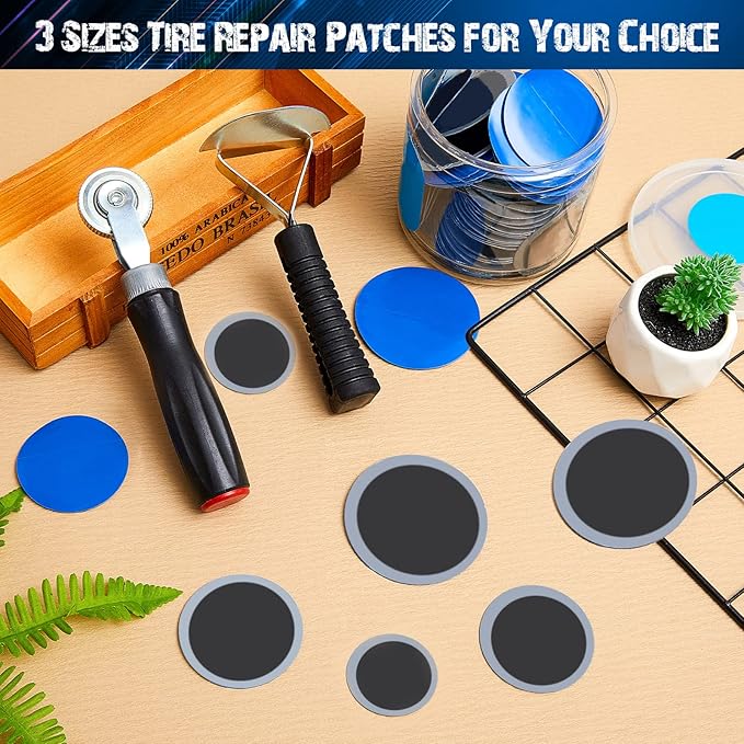 Tallew 90 Pcs Tire Patches Kit 32 mm 42 mm 58 mm Tire Repair Unit with Roller and Liner Scraper, Tube Patch Auto Repair Stitcher Tools for Car Truck Bike Motorcycle Wheel