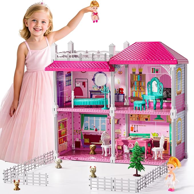 Pink Villa Playset for Girls Ages 3-7, 2-Story 4 Room House with 2 Dolls, Furniture and Accessories, Indoor Playset Girls Toys for Ages 6-8, Pretend Toddler Toy, Birthday Gifts for Kids 4-8