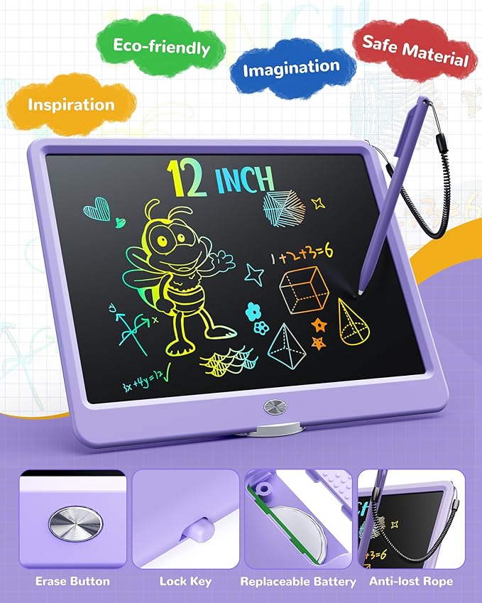 KOKODI LCD Writing Tablet, 12 Inch Colorful Toddler Doodle Board Drawing Tablet, Erasable Reusable Electronic Drawing Pads, Educational and Learning Toy for 3-6 Years Old Boy and Girls(Purple)