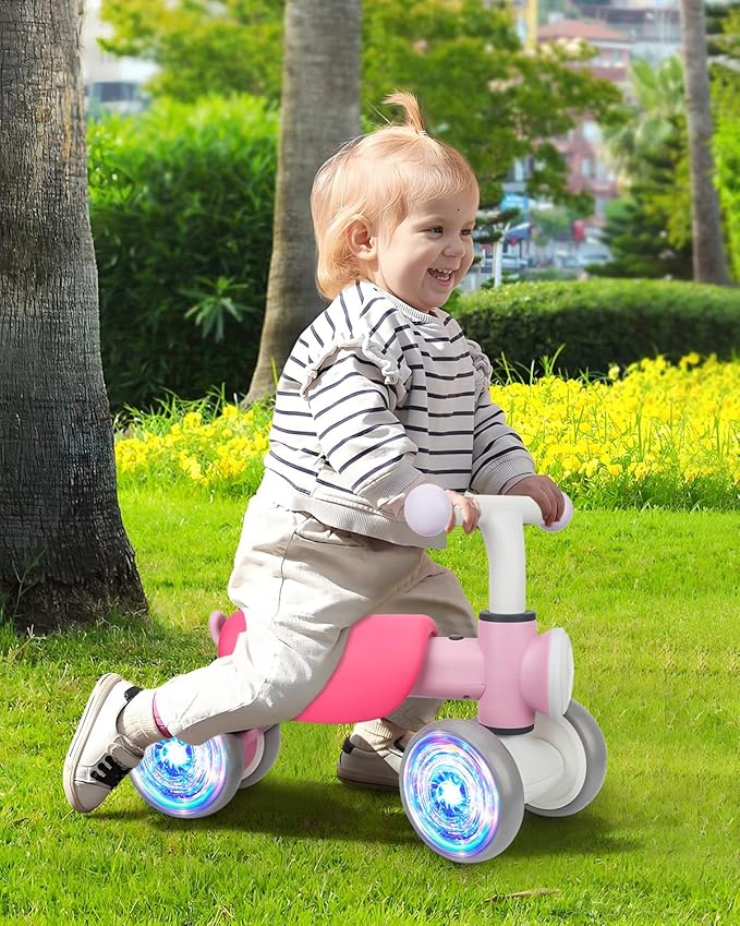 Colorful Lighting Baby Balance Bike for 1 Year Old Girls, Toddler Toys for 1 Year Old Girls Gifts, First Bike with Music and Soft Seat, 12-24 Month Toddler Balance Bike, First Birthday Gifts
