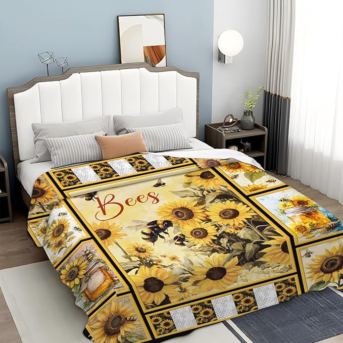 Bee Blanket for Boys Girls, Bee Sunflowers Flannel Throw Blanket, Fleece Soft Cozy Stuff Blankets Gift for Women Men Couch Sofa Bed 60" x 50"