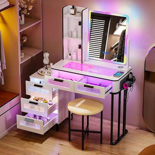 HNEBC Vanity with LED Mirror, Glass Top Dresser with Wireless Charging Station for Bedroom, Small Makeup Desk with 6 Drawers, Girls Dressing Table with Auto RGB Lighted for Christmas (5078-White)