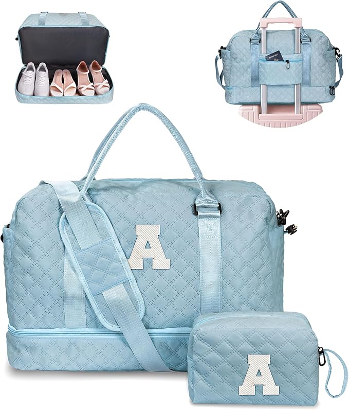 Gifts for Kids-Initial Duffle Bag with Shoe Compartment, Personalized Girls Weekender Bag, Monogram Overnight Bag for Women, Letter Travel Bag with Makeup Bag，Gift for Women Friend (Letter A)
