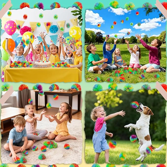 14PCS Stringy Balls, Sensory Stringy Ball, 2.75 inch Soft Rainbow Pom Bouncy, Stocking Stuffers for Kids, Monkey Pom Balls Fidget Toys Stress Ball, Birthday Gifts for Boys, Girls Ages 3+