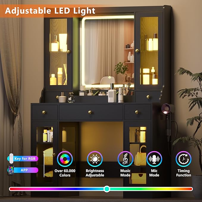 Makeup Vanity Desk with Mirror and Lights, 41" Black Vanity Set with 5 Drawers & 4 Glass Cabinets, Power Outlet & Adjustable LED Lights, Dressing Table for Women & Girls Bedroom