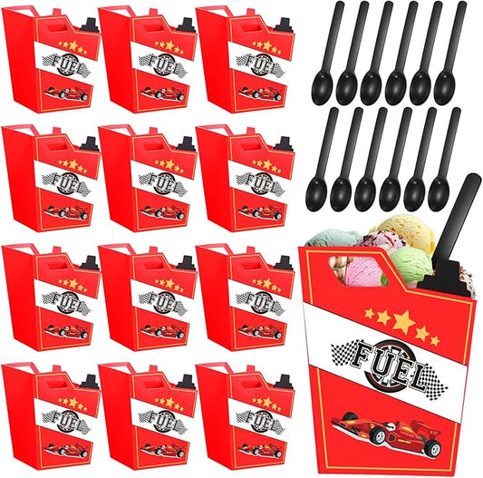 Uiifan 12 Sets Race Fuel Can Ice Cream Bowls Spoon Set Plastic Racing Car Frozen Yogurt Cups with Spoon Race Car Party Decorations for Kids Racing Theme Birthday Baby Shower Party Favors Supplies
