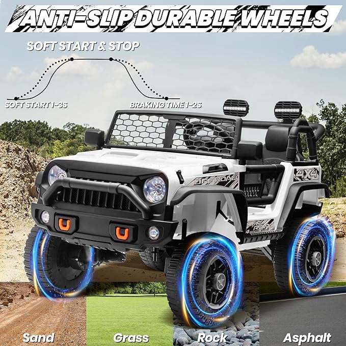 JOYRACER 24V 2 Seater Ride On Toys for Big Kids, 800W Power Truck Wheels with Remote Control, 4WD/2WD Switchable, 20" Spacious Seat, Soft Start, Bluetooth, Electric Car for Kids Ages 3-8, White