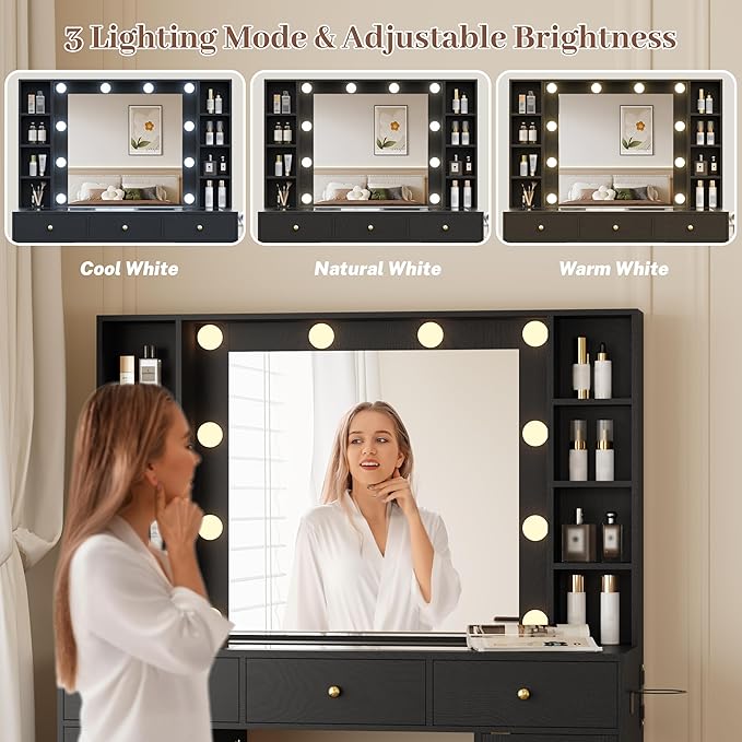 Makeup Vanity with Mirror and Lights, 43'' Wide Dressing Table with Storage Drawers, Open Shelves & Power Outlet, Vanity Desk with RGB Cabinet & Glass Top for Girls Bedroom, Living Room, Black