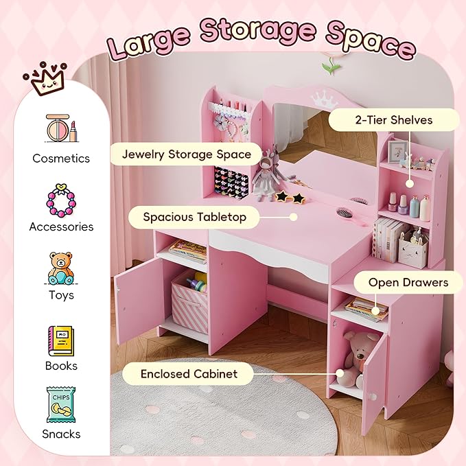 Kids Vanity, Girl Vanity Set with Storage Cabinet & Open Shelf, 2 In 1 Kids Vanity Table and Chair Set with Jewelry Storage, Princess Toddler Makeup Vanity with Mirror for Little Girls (Pink)