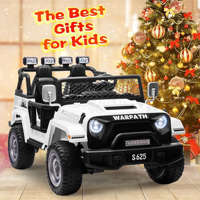 OTTARO 2 Seater Ride on Truck, 12V Large Electric Vehicles Battery Powered Cars for Kids with Remote Control, Spring Suspension, LED Lights, Music (White)