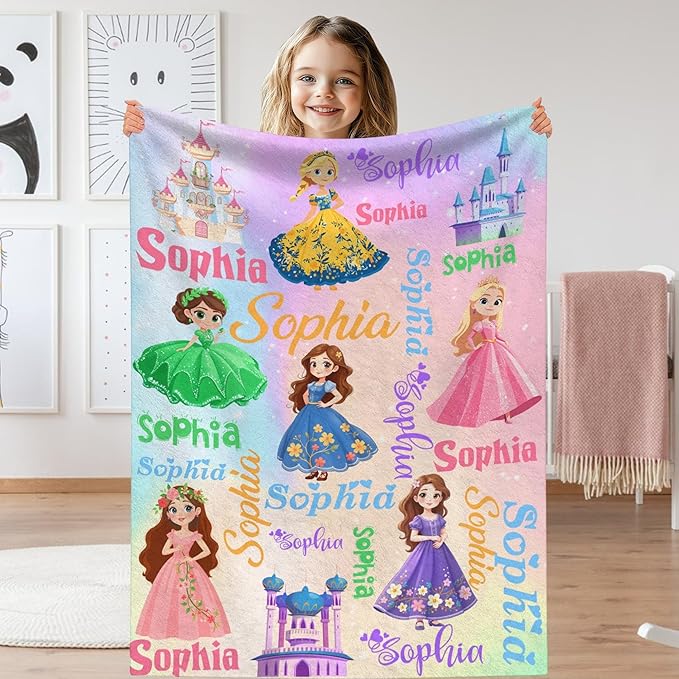Custom Girl Blanket with Name Personalized Cute Pink Princess Blanket for Newborn Customized Soft Flannel Throw Blanket Memorial Gift for Toddler on Birthday Baby Shower Christmas (Pink Princess)