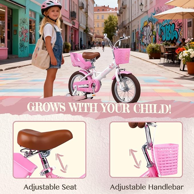 Glerc Sasha Girls Bike, 12-20 Inch Kids Bike for Children Ages 2-13 Years, Kids Bicycle with Doll-Seat & Basket & Training Wheels, Multiple Colors