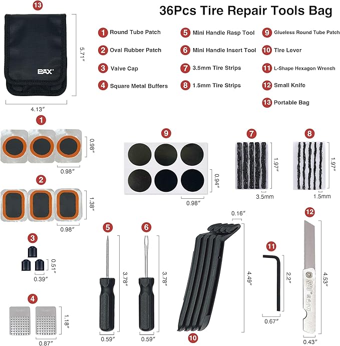 PAX 36Pcs Bike Tire Flat Repair Tool Kit Bag, Including Tube Patches, Tire Strip Plugs, Glueless Repair Kit, Nylon Tire Lever, Handle Tool, Valve Cap, and Metal Buffer, for Road, Mountain Bicycle