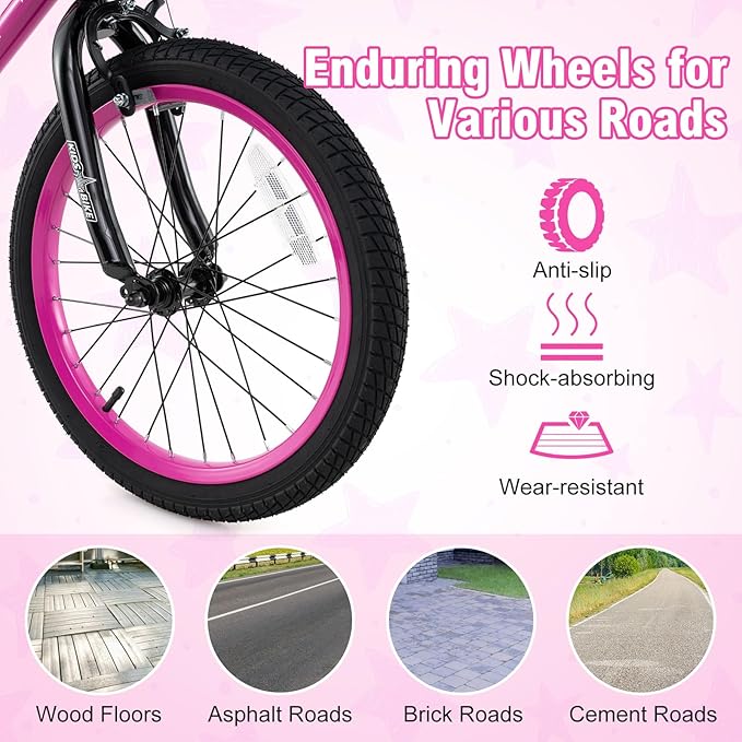 BABY JOY Starry Kids Bike, 12 14 16 18 Inch Bicycle with Training Wheels, Storage Basket, Adjustable Handlebar & Seat, Handbrake & Coaster Brake, Girls Boys Bike