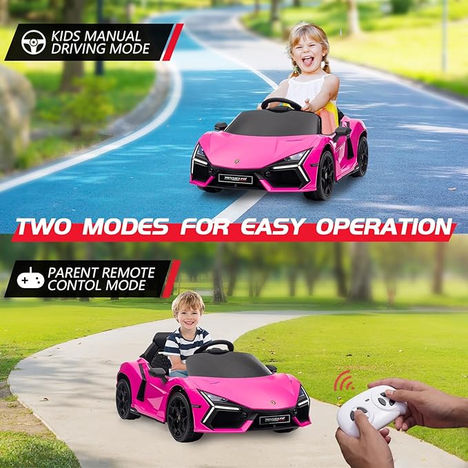 Winado 12V Ride on Car, Licensed Lamborghini Revuelto Electric Car for Toddlers W/Remote Control, Battery Car for Kids with Bluetooth, Hydraulic Doors, 3 Speeds, LED Lights, Music (Pink)