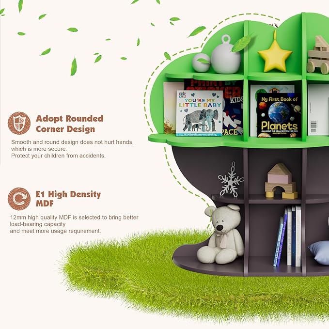 Green Tree Kids Bookshelf Toddler Bookcase 4-Tier Baby Book Rack Children Toy Storage Organizer Forest Wood Display Shelf for Nursery Playroom Bedroom Classroom School Homeschooling Boy Girl’s Gift