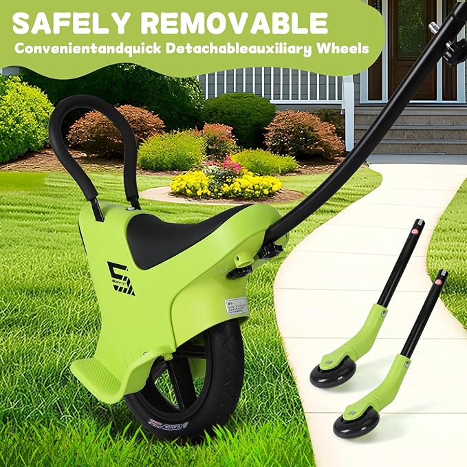 12in Hand Push Unicycle for Kids, Light Unicycle Bikes with Light/Handrails/Auxiliary Wheels, Parent-Child Unicycle Bike, Unicycle Balance Bikes, Kids Unicycle Bicycles (Green)