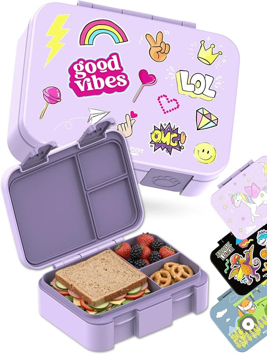 BEARFOOT Kids Lunch Box with Compartments – Compact & Lightweight | Leak-Proof, BPA-Free, Dishwasher & Microwave Safe | Hand-Drawn Design for Preschool, School, Travel (Sticker Purple, 2.75 Cups)