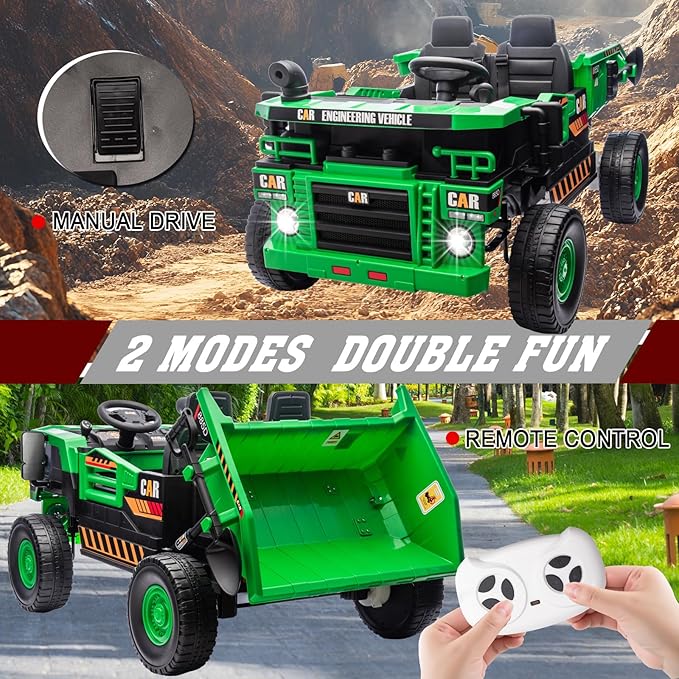 24V 4WD 2-Seater XL Kids Ride on Truck Electric Toy Car with Electric Dump Bed, Parents Remote Control Kids Car Tractor Toys Ride-on Dump Truck for Boys and Girls Ages 3+, Geen