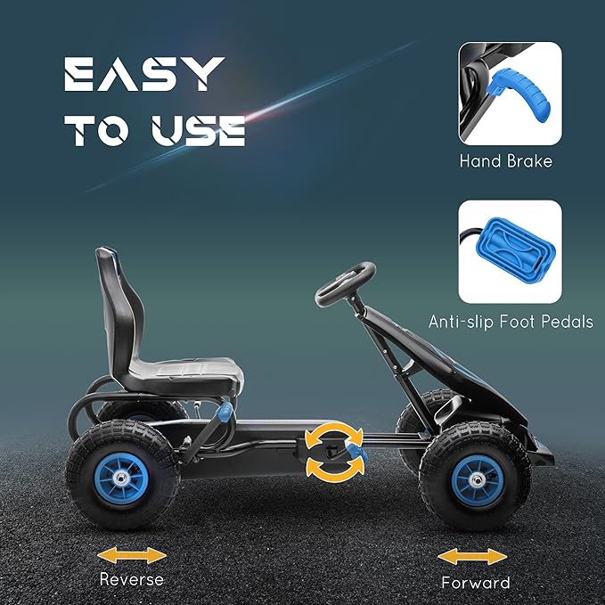 Aosom Kids Pedal Go Kart Ride-on Toy with Ergonomic Comfort, Pedal Car with Tough, Wear-Resistant Tread, Go Cart Kids Car for Boys & Girls with Suspension System, Safety Hand Brake, Ages 5-12, Blue