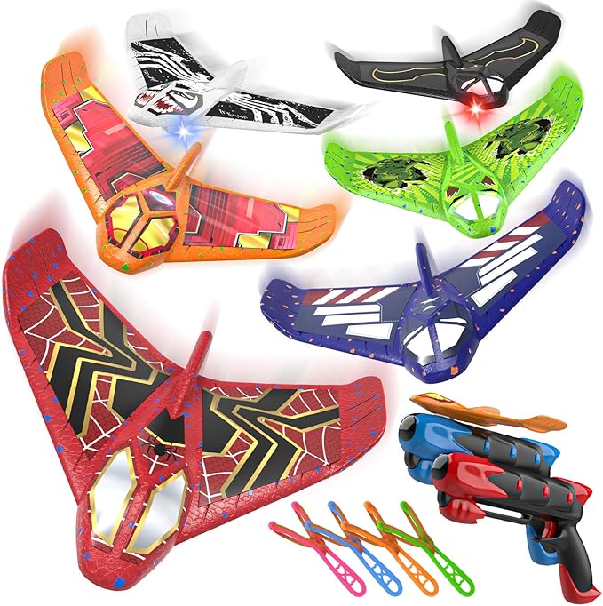 Fuwidvia 6 Pack Airplane Launcher Toys, LED Foam Airplane Toys for Kids, Outdoor Plane Flying Toys for Boys Girls Toys Age 3 4 5 6 7 8 9 10 11 12 Year Old boy Birthday Gift Ideas