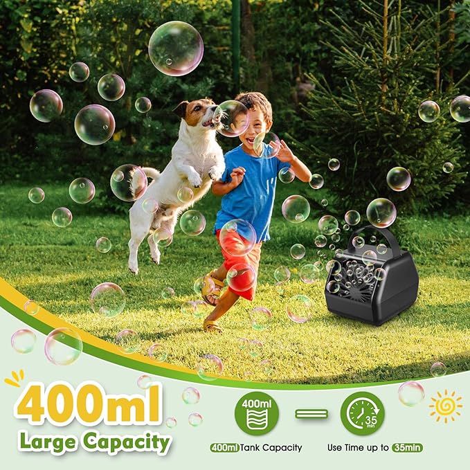 Portable Bubble Machine for Kids with 1800mAh Rechargeable Battery, 400ml Large Tank, Dual Speed Control & USB-C Charging, Indoor Outdoor Bubble Blower Party Toy (Black)