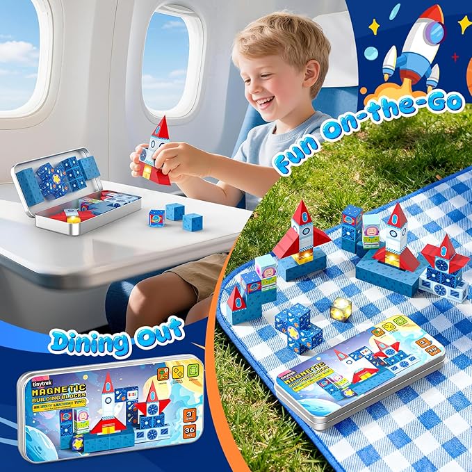 36 PCS Mini Magnetic Tiles Travel Set with Portable Iron Storage Box, STEM Learning Magnetic Building Blocks with LED Light-Up Glow in The Dark, Montessori Sensory Toys Gifts for Toddler, Boys & Girls