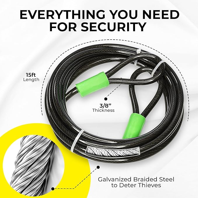 Heavy Duty Security Cable with Loops - 15 Feet (3/8") Bike Cable Lock Cut Resistant with Braided Steel and Vinyl Coating -Security Chain Lock for Bicycle, Boat, Ladder, Gate, Mower & Equipment