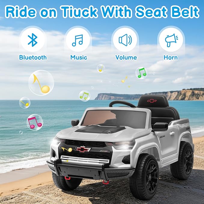 Winado Licensed Chevrolet Colorado Electric Car for Kids, 12V Ride on Toys for Toddlers with Remote Control, Battery Powered Electric Car Ride On Vehicle w/Bluetooth, Soft Start, LED Lights - White