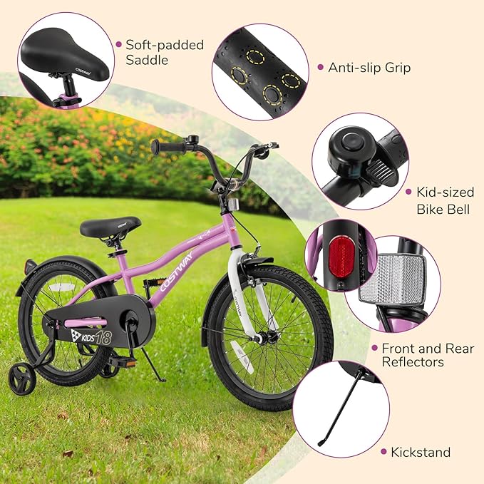 COSTWAY 12/14/16/18 Inch Kids Bike, Children Toddler Bicycle with Training Wheels, Adjustable Seat & Handlebar, Handbrake & Coaster Brake, Reflectors, Bell, Suitable for 3-8 Years Old Boys Girls