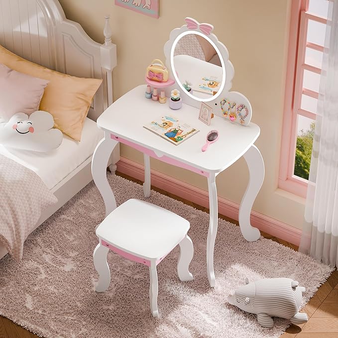 MU Kids Vanity Set with Lighted Mirror and Stool, Kids Makeup Vanity Desk with Storage Space, Bow Pattern for Little Girls, Toddler Princess Makeup Dressing Table with Chair Set, White