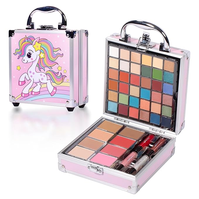 Hot Sugar Girls Makeup Kit Age 4-6 7-8 10-12, Little Girl Makeup Set, Makeup Kit for Teenagers 13-15 Includes Eyeshadow Lip Gloss Blush Highlighter Contour Brush (Pink Unicorn)