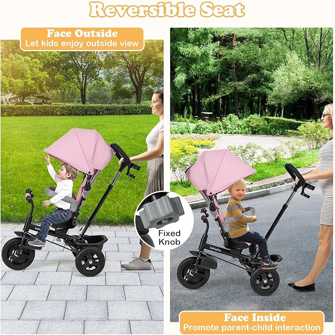 BABY JOY Tricycle, 6 in 1 Tricycle for Toddler w/Reversible Seat, Adjustable Canopy & Parent Handle, 5-Point Safety Belt, PU Wheels and Storage Basket, Push Tricycle for 9-60 Months (Pink)