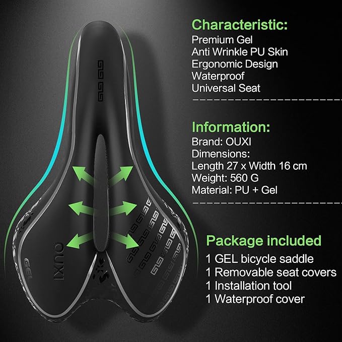 OUXI Comfort Bike Seat Comfortable Gel Bicycle Saddle Replacement Soft Padded with Shock Absorbing Waterproof for MTB Mountain Bike Road Bike Exercise Bike Men Women and Ladies