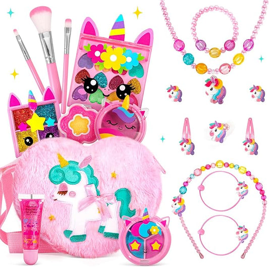 ULOVEME Kids Real Makeup Kit for Little Girls - Real, Non Toxic, Washable Make Up Toy - Umicorn Toys Gift for 3 4 5 6 7 8 9 10 12 Years Old Girls Birthday (Heart Shaped Purse+Jewelry Set)
