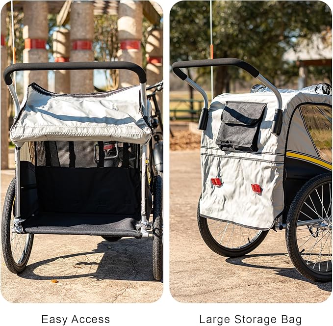 LEOGUAR Bike Trailer for Kids, Stroller, Suitable for 1 to 2 Kids, 5-Point Harness, Padded seat and Backrest, Folding Frame, Quick Release Wheels, 8" Swivel Front Wheel, Bug Screen & Weather Shield