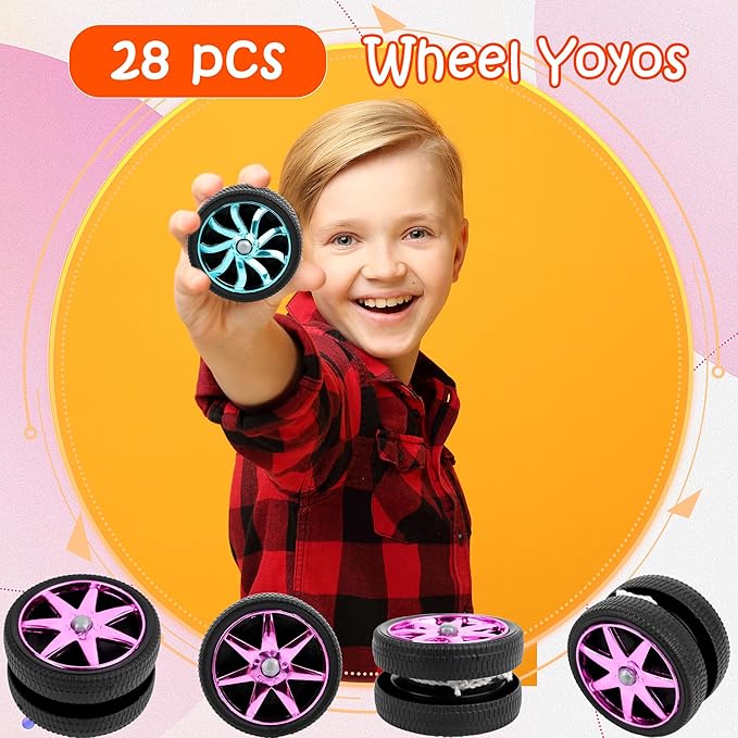 28 Pcs Wheel Yoyos Plastic Yo-Yo Toys Mini Yo Yo in Assorted Colors for Kids Beginners Adults Teens Birthday Racing Party Favors Holiday Stocking Fillers Classroom Prizes