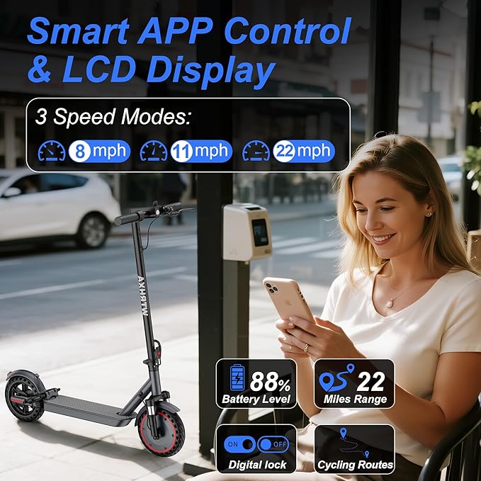 Electric Scooter, 500W Powerful Motor Scooter, 10" Solid Tires, 22-25 Miles Long Range, 22Mph Max Speed, Foldable E-Scooter Adults with Dual Shock Suspensions and APP Control