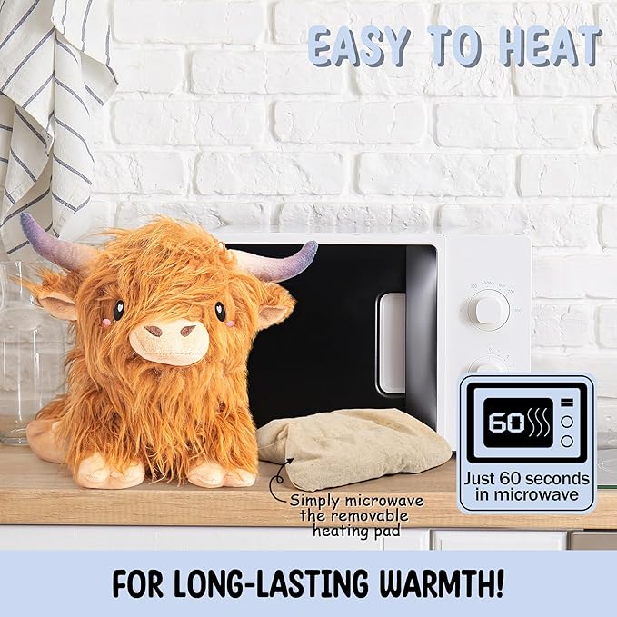 Happy Fuel Highland Cow Microwavable 1.5lbs Unscented Heating Pad for Women & Kids- Cute Soft Cozy Pillow Plush Heatable Warm Stuffed Animals- Kawaii Hot & Cold Plushie Toy- Cow Gifts for Girls & Boys