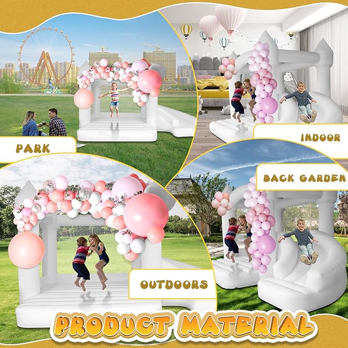 AKSPORT White Bounce House Inflatable Jumping Castle with Slide & Air Blower for Kids, Wedding & Birthday Parties, 17 * 11 * 10FT