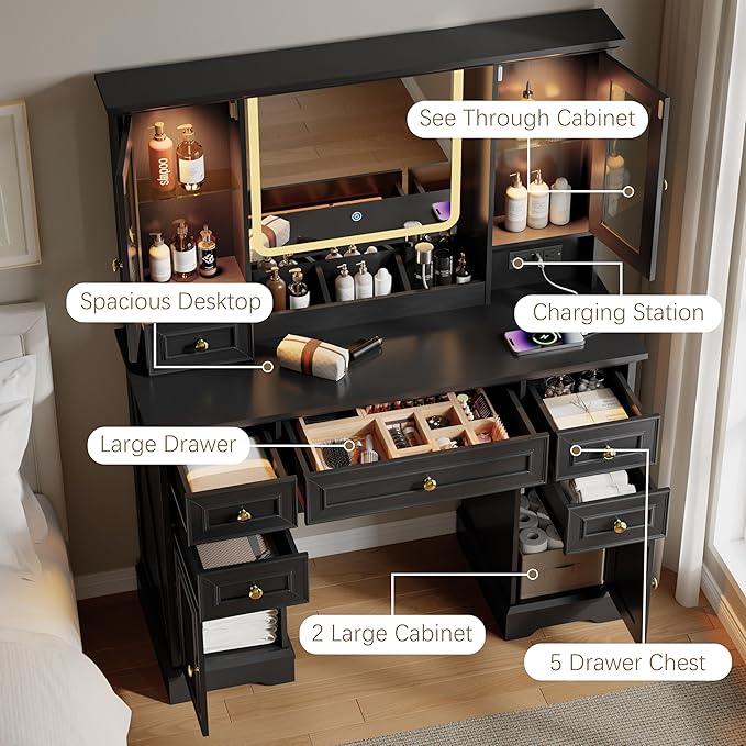 43'' Makeup Vanity with Mirror and Lights, Farmhouse Vanity Desk with Drawers & Charging Station, 3 Lighting Modes & Adjustable Brightness, Glass Cabinet, Dressing Table for Bedroom, Black