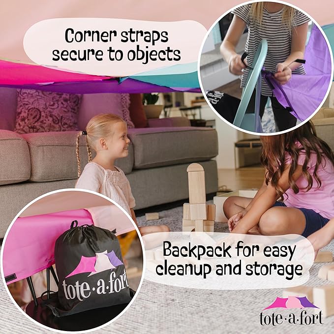 Tote a Fort Princess Blanket Fort Building Kit for Kids, 3 Blanket TOTEAFORT Toy, Make a Portable Playhouse, Play Tent Boy and Girl Indoor Outdoor Build Set, STEM Children Toy, Ages 4, 8, 12 +