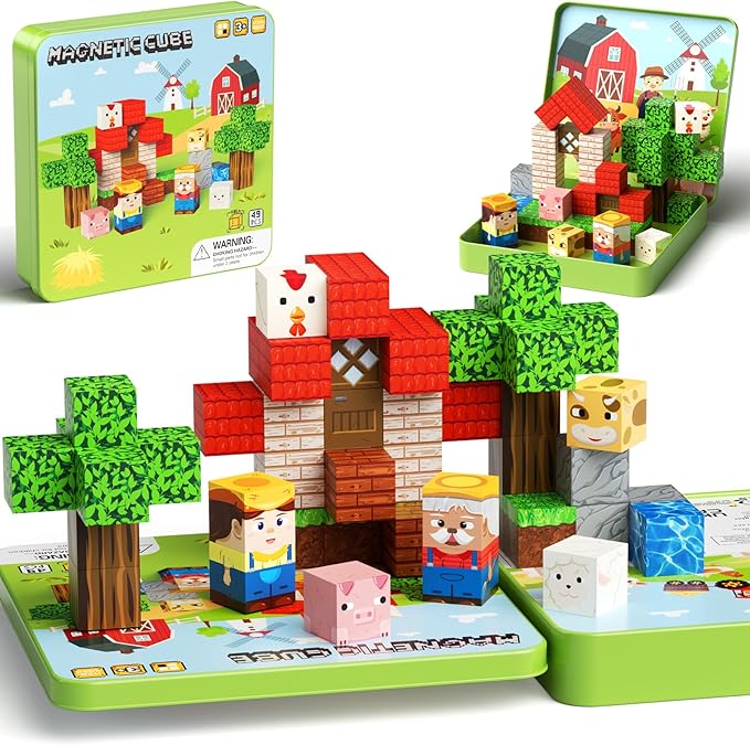 49 Pcs Farm Animals Magnetic Building Blocks Set for Toddlers 3-5, Travel Toys with Iron Storage Box, Magnetic Tiles & Cubes for Kids Ages 4-8, STEM Learning, Portable Play Base for Car Plane Trips