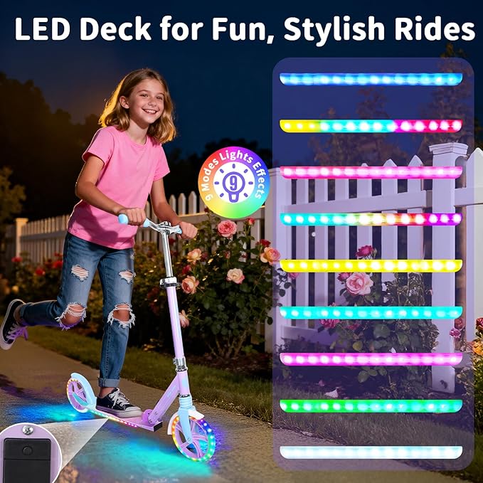 BELEEV V5 Plus Scooters for Kids Ages 6+, Teens with Light-Up Wheels & Deck, 2 Wheel Folding Lightweight Sport Scooter with 4 Adjustable Height, 8-inch Big Wheels, Carry Strap, Max Load 220 lbs